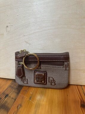 Dooney & Bourke Brown Canvas Signature Key Pouch with Gold Ring
